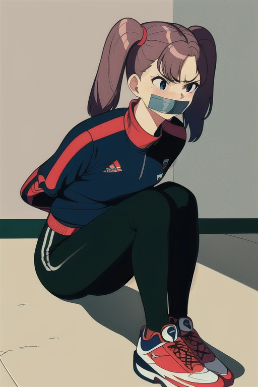 ((1 girl)), ((twin tails)), (sexy),  ((simple_background)), ((concrete floor, concrete wall)), ((underground room)), ((arms behind back)), ((scowl)), ((sitting on the knees)), ((tape gag)),  ((helpless)), ((calm)), ((struggling)), (blue tracksuit,tracksuit,tights pants, long black pants)