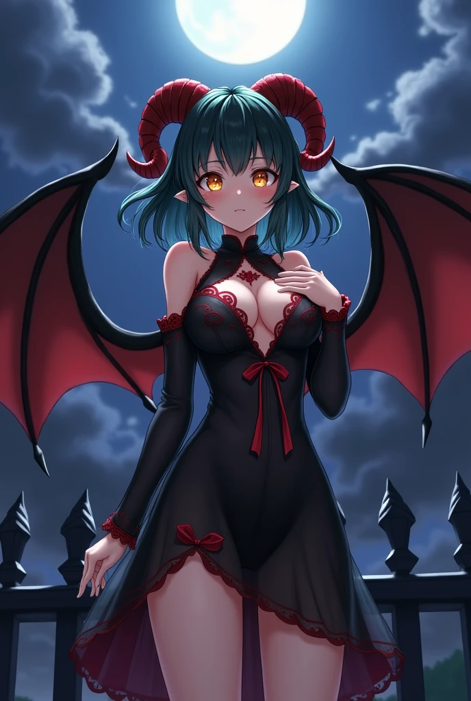 (Browsing Caution)、Anime 2.5th Dimension、One Woman、slim, Small Ass, Large Breasts、Golden Eyes、brake 、[Dark green hair:Scarlet Hair:0.5]、brake、Pointy Ears、Fair skin、( Red Side Head Bighorn Sheep Horns)、brake、 (Huge black bat wings growing from the base of the hips), brake 、(Black see-through dress, Ultra-thin fabric, I can see your shoulders, See through, Red embroidery, Long sleeve, Long hem, Nipple Shadow, Decorative string, Cleavage, Cleavage cutout, Plunging neckline:1.2,)、Blushing、weak々A funny expression、(night moon old balcony)、Put your hand on your chest、
