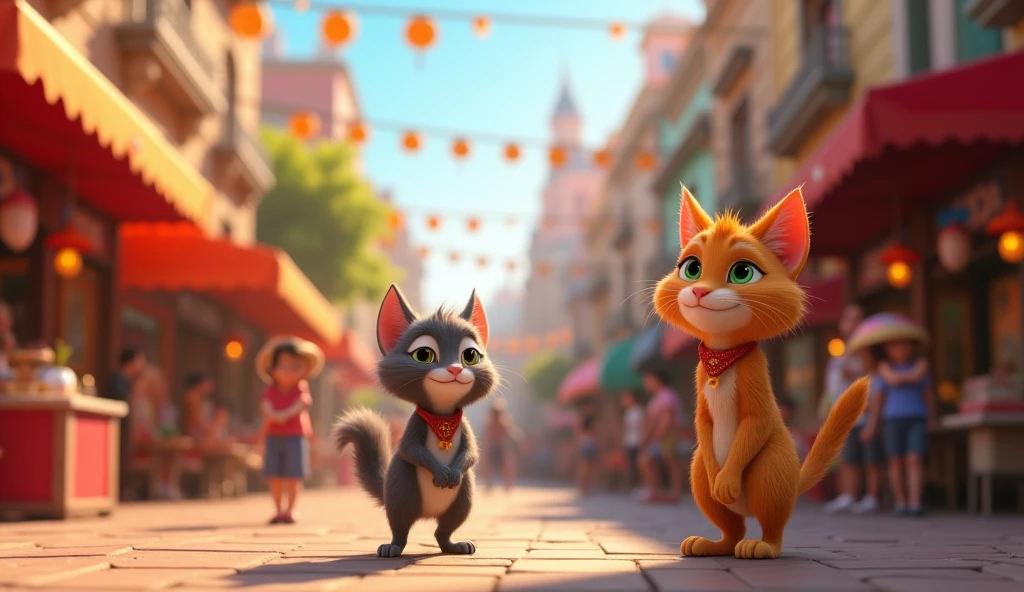 "Create a scene of the cat attending a vibrant city festival with music, food stalls, and decorations. The cat is seen enjoying the festivities and mingling with other attendees."
"3d animated disney inspired