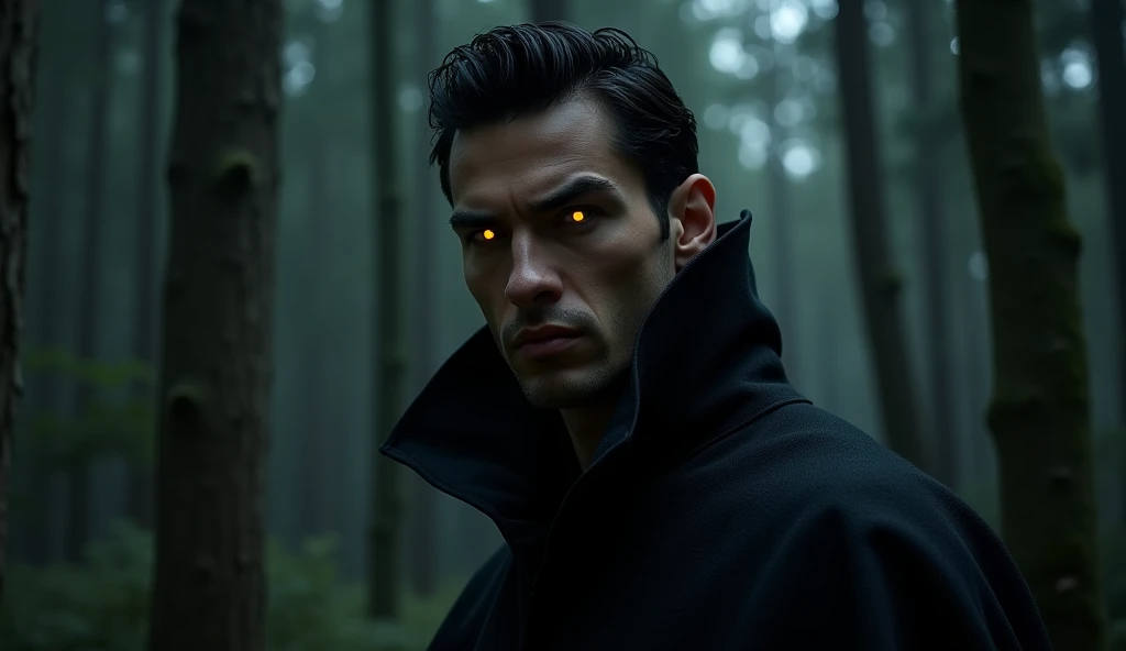 beautiful white man, with black hair, bright yellow look, that stands out in the darkness of the forest, with a muscular and strong body, wearing a black cape, with chewed and square jaws, image of the face only, he is partially surrounded by total darkness, you can only partially see your body because of the shadows