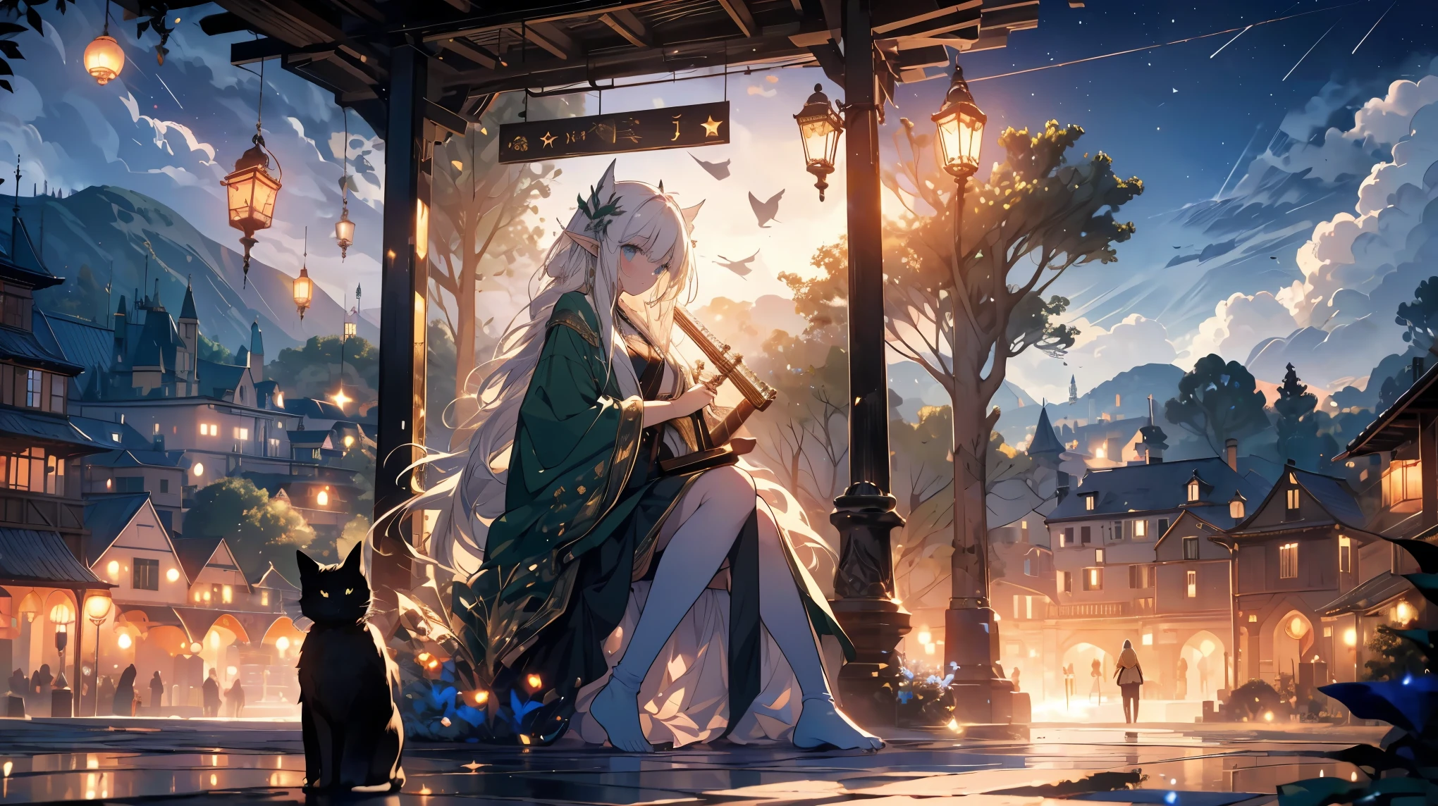 An elf with long white hair plays a harp.
The harp is wooden and larger than the girl.
The elf girl is wearing a green robe.
She is playing in front of the fountain in the town square.
The sky is filled with stars.
A black cat is playing happily at her feet.