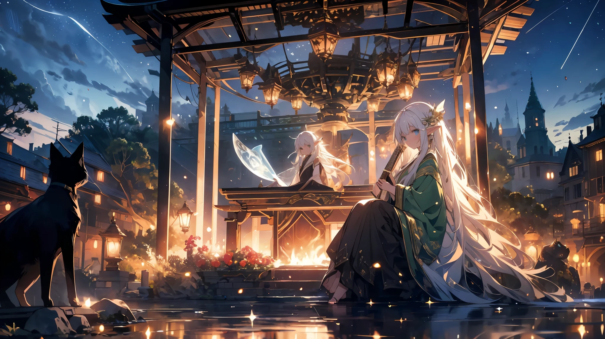 An elf with long white hair plays a harp.
The harp is wooden and larger than the girl.
The elf girl is wearing a green robe.
She is playing in front of the fountain in the town square.
The sky is filled with stars.
A black cat is playing happily at her feet.