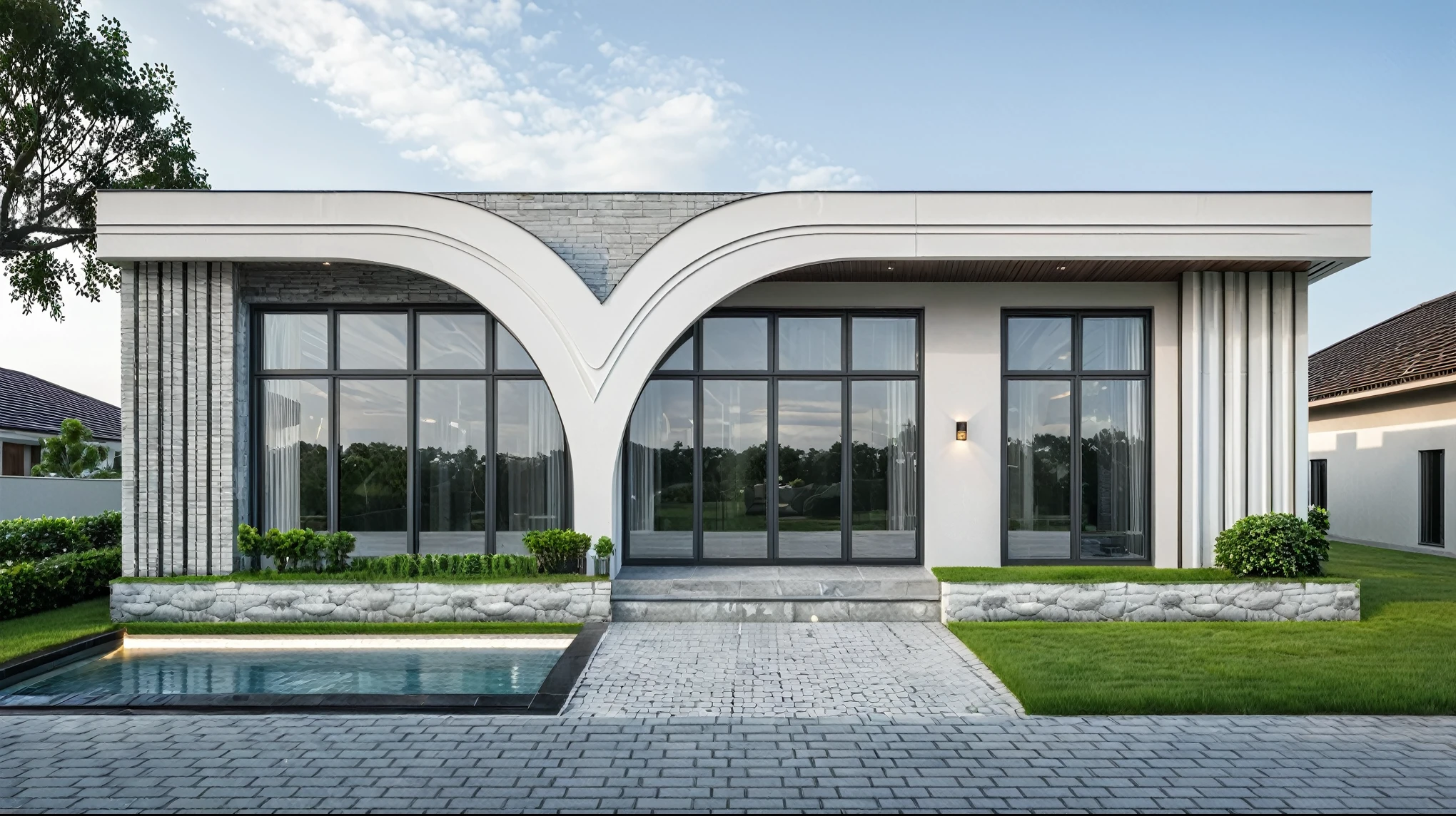 Masterpiece, high quality, best quality, 3d rendering, super detailed, outdoor, 1 storey villa, aiaigroup, modern house style on the street, there is a pool in front of the house, walkways, many trees, lights from the house. clear detail, white wall, accent wall Gray stone cladding on the left, road, sidewalk, grass, trees, sky, clouds, (daylight: 1.1)