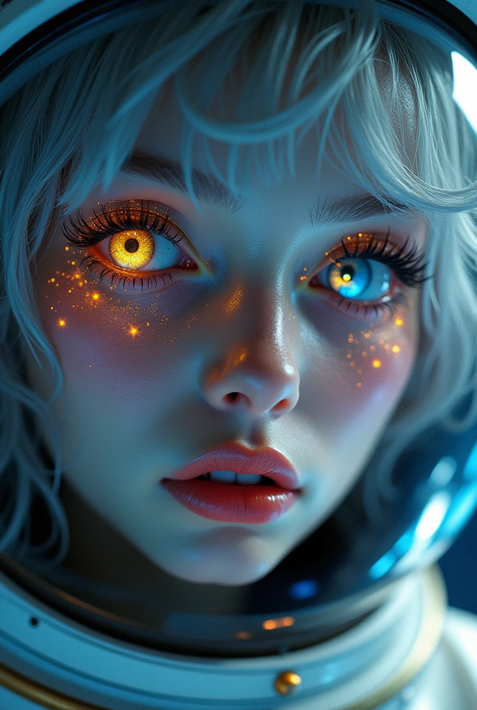 (Close-up of a better masterpiece:1.5)0.9], (Space and astronauts:1.2) (Messy silver hair:1.1) (Heterochromia xanthochromia and blue eyes:1.2) (Space Helmet:1.0) (Colored stars in the eyes:1.0) (A radiant glow:1.1) (thick lips:0.9)