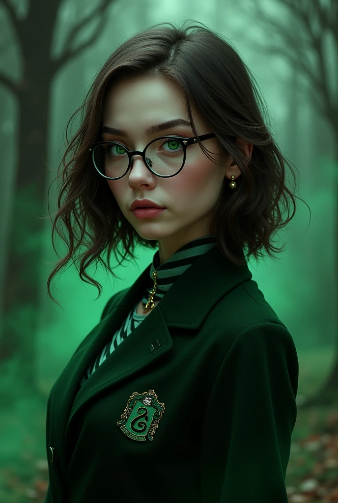 Une sorciere de harry potter
La peau tres pale les yeux vert émeraude brillant, un uniforme de serpentard, des cheuveux brun mi long en wolf cut, des lunettes rectangulaire 
