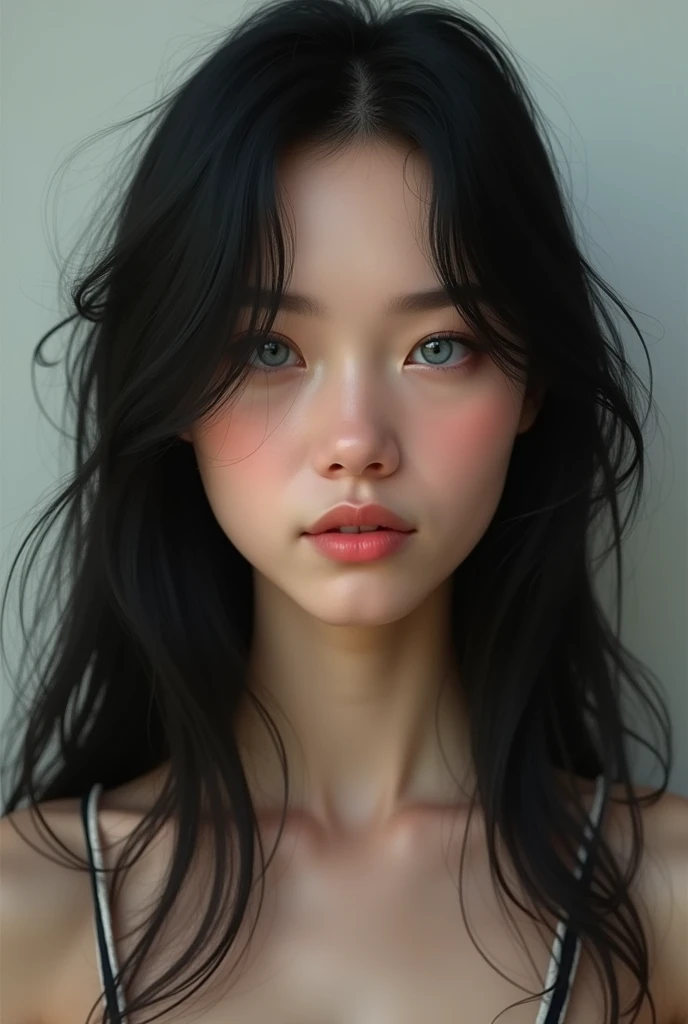 19 year old woman with black hair, blue eyes, pretty mouth, average weight