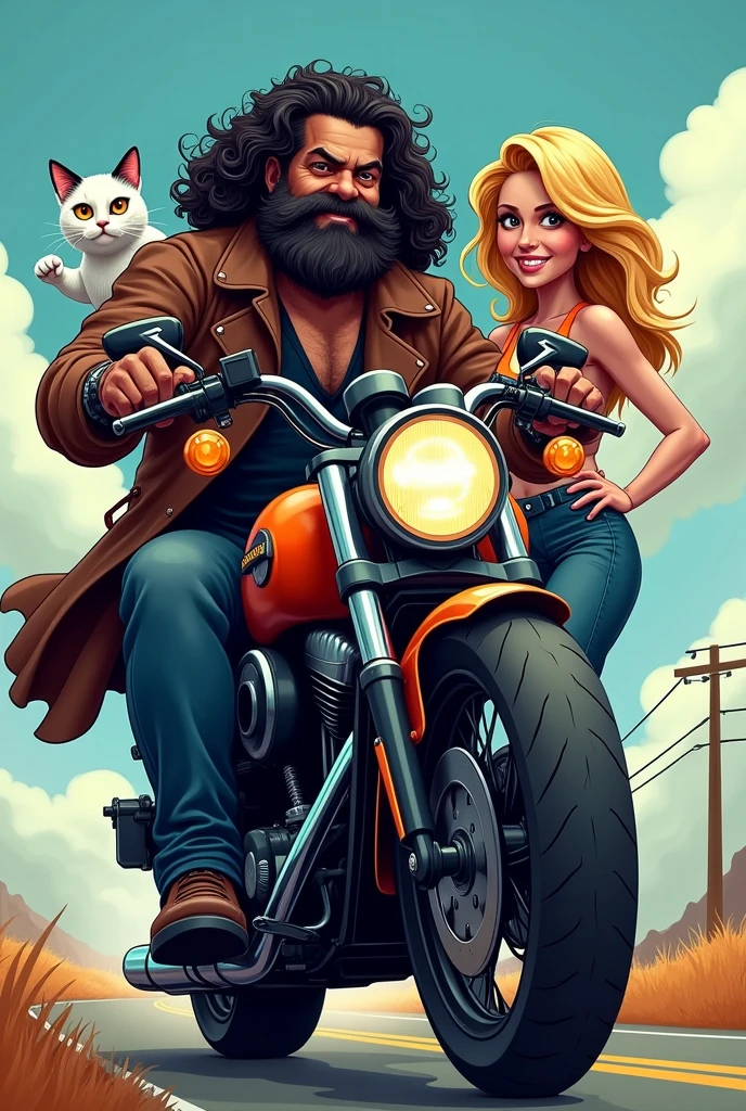 dark man,curly hair,, Harley Davidson,white cat with orange eye and black face,blonder woman,Roadside,glad,strong fat,cartoon, adventure,Machado beard,ogre
