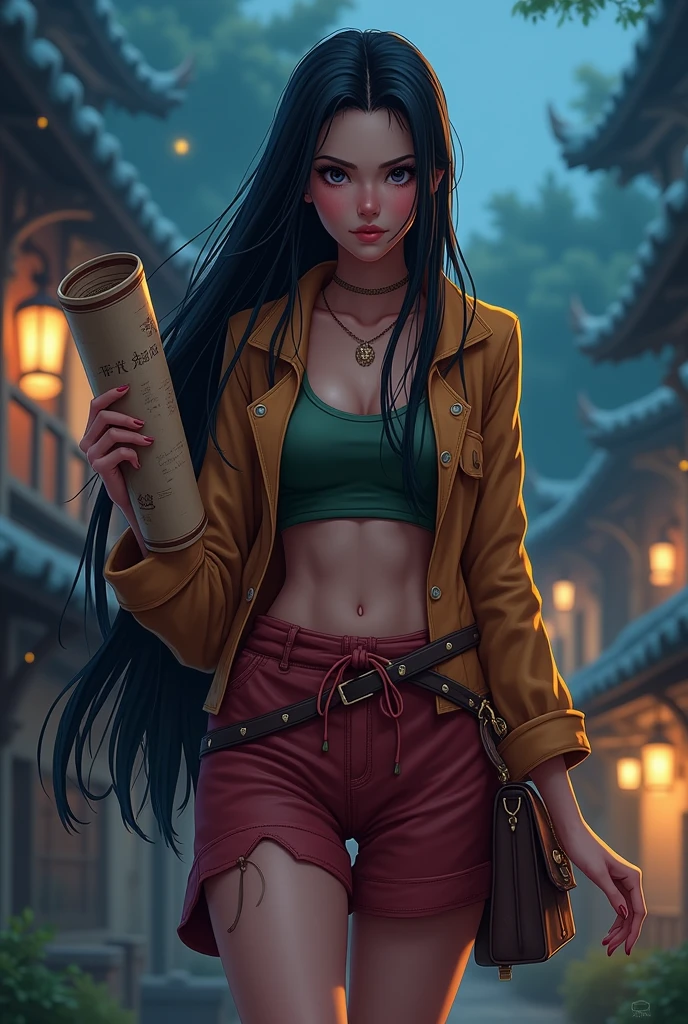 (animation style) (Woman) nico robin (Oce Piece) long black hair, Wearing a Traveler outfit, standing giving a rolled up map, legs and five fingers, more meat, beautiful two-dimensional, HD backlit background , nightfall,가슴,jiangshi, Qing_Guanmao