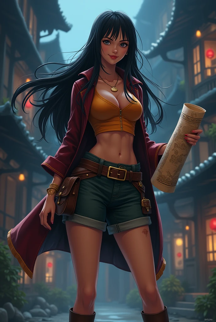 (animation style) (Woman) nico robin (Oce Piece) long black hair, Wearing a Traveler outfit, standing giving a rolled up map, legs and five fingers, more meat, beautiful two-dimensional, HD backlit background , nightfall,가슴,jiangshi, Qing_Guanmao