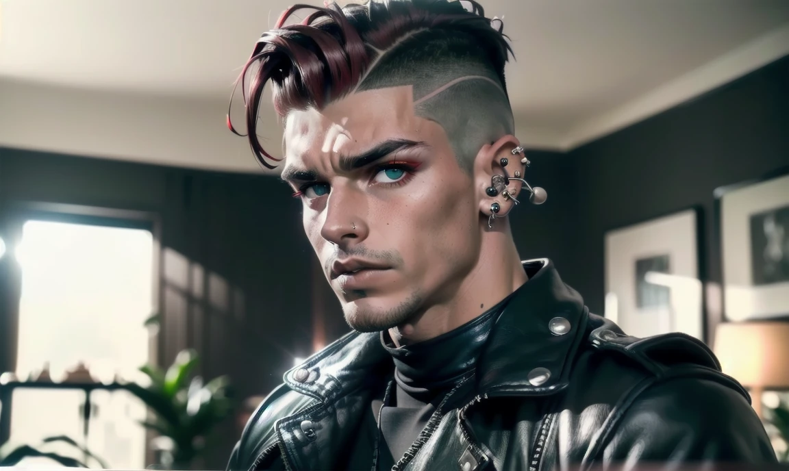""((highly detailed, detailed eyes, detailed face, clear and realistic facial features, photorealistic, realistic light; cinematic, half-body)), (1 man), ((((living room background)))), (((gorgeous athletic punk tough bully male))), ((19-year-old male)), (((skeptical expression))), (((imposing pose))), ((blue-green eyes)), ((short black hair with a undercut)), (((dressed in black and leather))), ((multiple metal ear piercings)) ((red tint in hair)), ((male black eye makeup)), ((standing above you, leaning down))."