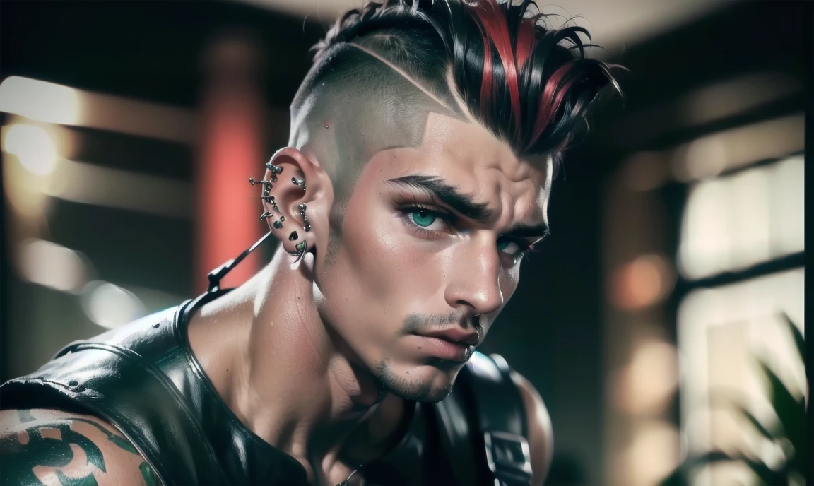 ""((highly detailed, detailed eyes, detailed face, clear and realistic facial features, photorealistic, realistic light; cinematic, half-body)), (1 man), ((((living room background)))), (((gorgeous athletic punk tough bully male))), ((19-year-old male)), (((skeptical expression))), (((imposing pose))), ((blue-green eyes)), ((short black hair with a undercut)), (((dressed in black and leather))), ((multiple metal ear piercings)) ((red tint in hair)), ((male black eye makeup)), ((standing above you, leaning down))."