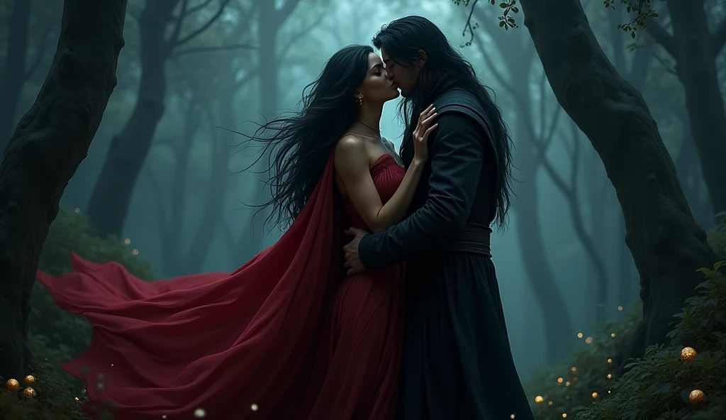 a woman with long black hair, with a red cape, with a long, deep neckline on display and a man in dark clothing kissing passionately on the dark, shadowy forest floor, in total darkness, he went down and kissed her body revealing her skin, your legs are showing