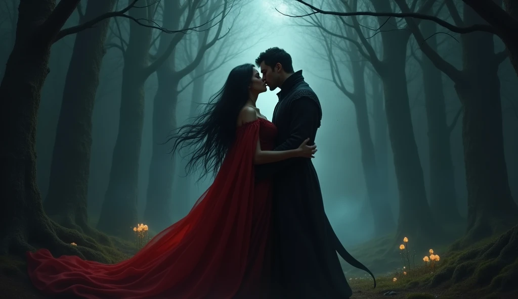 a woman with long black hair, with a red cape, with a long and deep neckline on display and a man in dark clothing kissing passionately in the middle of the dark and gloomy forest, in total darkness
