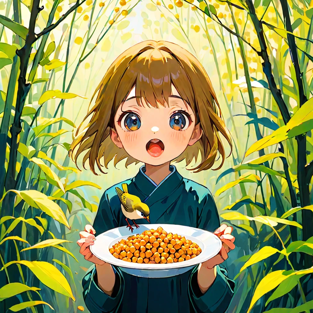 A girl about to eat natto, Amy Earls, abstract expressionism, dark, gesture, Whimsical、Deformation、Japanese bush warbler、bird