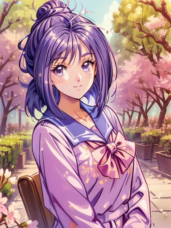 ((masterpiece)),((Ayako Katagiri)),((Katagiri Ayako)),((Mischievous Smile)),Anatomically perfect fingers,(((Cherry blossom trees))),(((Cafe Terrace))),(((Spring high school uniform))),Cherry tree in full bloom