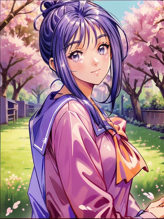((masterpiece)),((Ayako Katagiri)),((Katagiri Ayako)),((Mischievous Smile)),Anatomically perfect fingers,(((Cherry blossom trees))),(((Cafe Terrace))),(((Spring high school uniform))),Cherry tree in full bloom