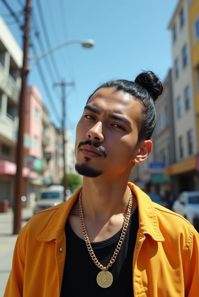 Asian Brazilian Rapper, shorth hair, small topknot with gel,goatee, trap rap cd cover ( sunny day outdoors) urban scenery