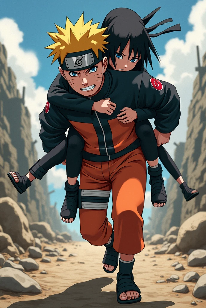 Naruto carrying Satsuki Uchiha on his back