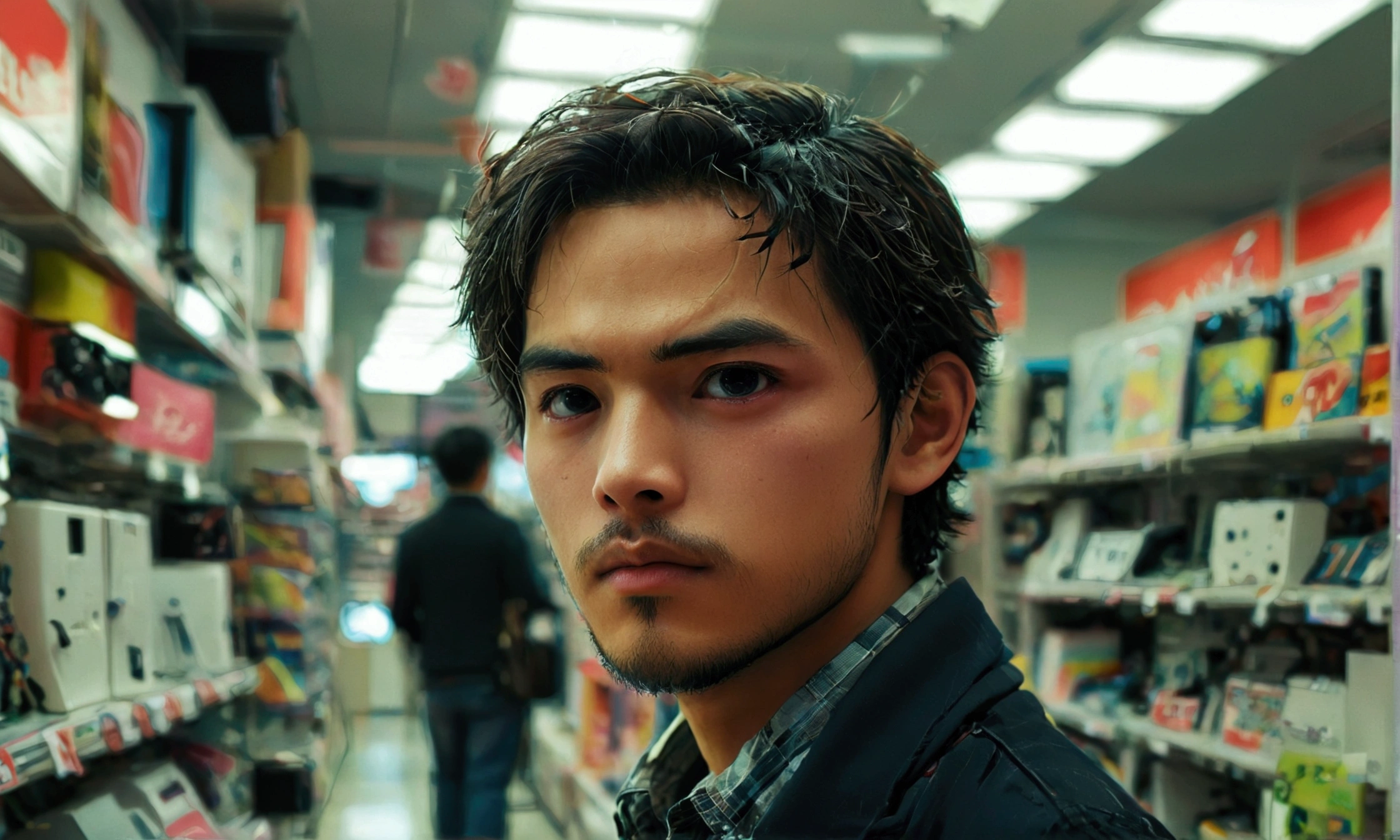 A MAN IN AN ELECTRONICS STORE,manga style art,manga style art,manga style art,manga style art