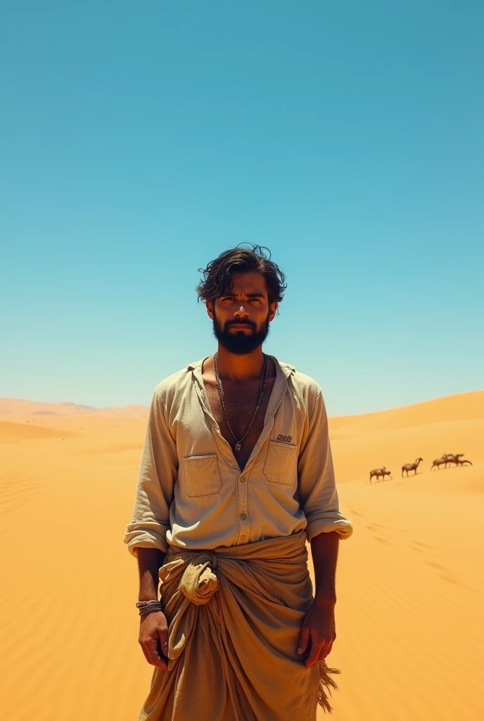A man in the desert with Sharif written on his shirt