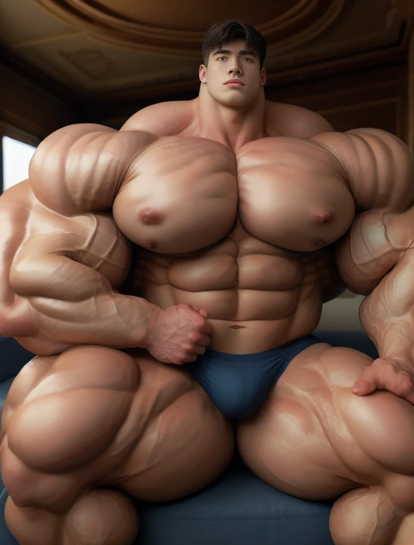 1boy, giant, asian, giant bodybuilder, warm light, strong body, bulk, large size, staring, sitting on couch in the plush dine room, open legs, nude, navy triangular underwear, prominent bulge, extraordinary big, brutalmass, giant, muscular body, bulk, buff, massive body, large meaty body size, extremely wide body