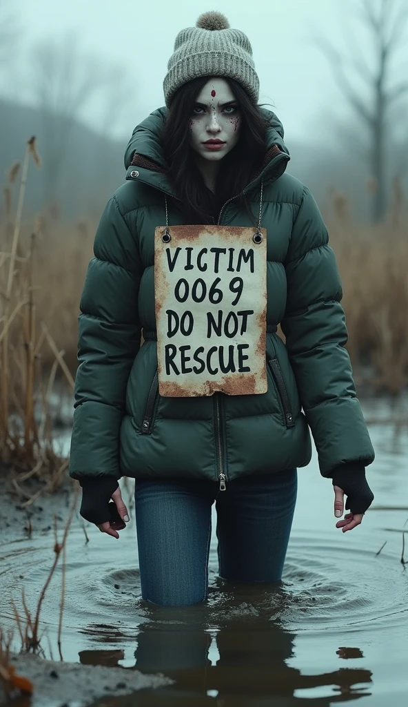 woman, small sport down jacket, bib "VICTIM 0069 DO NOT RESCUE", flared jeans, stuck in bog,pale ethnic patterns ritual makeup, warm hat, collar only, cold