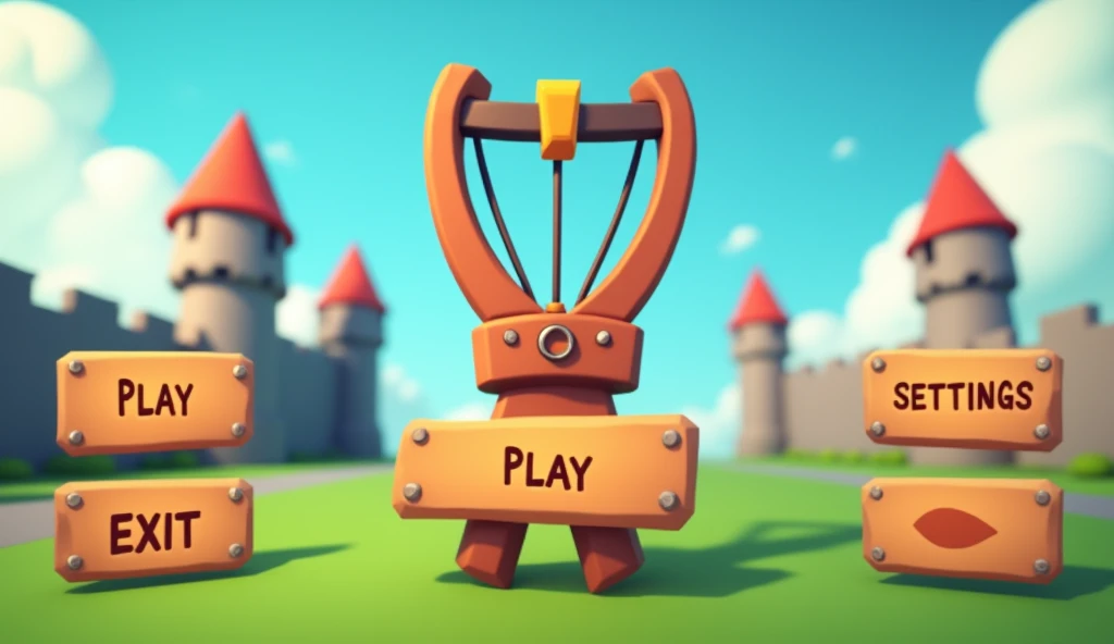 The user interface for the game is about a slingshot and the castles into which it throws projectiles. 3d shapes in low poly style. The buttons - Play, Exit, Settings - are in wooden colors with a metal frame. A slingshot in the process of launching a projectile into the castle.