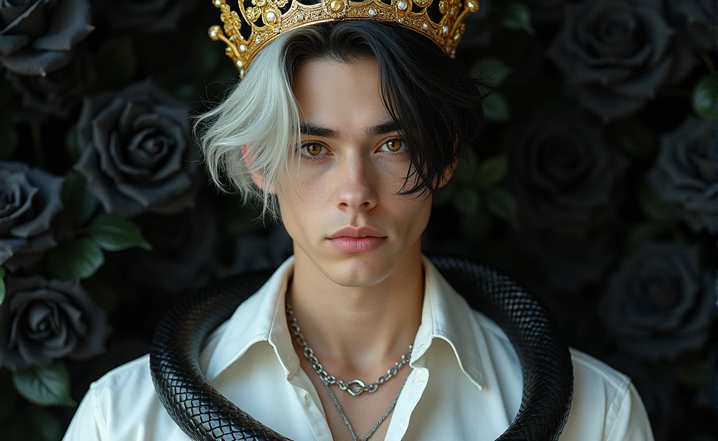 The image depicts a young man with an ethereal and elegant appearance. His hair is mostly dark, but with a prominent white section that falls over his face, creating a striking contrast. He wears an intricately detailed golden crown adorned with ornamental designs and gemstones. His expression is serene and slightly melancholic, with amber-colored eyes that gaze directly at the viewer.

The young man is dressed in a white shirt, open at the collar, and is surrounded by dark decorative elements such as black roses and a silver necklace. There is also a black snake coiled around his neck and shoulders, adding an intriguing and mysterious element to the composition. The lighting highlights his pale skin and the details of his attire, creating a luxurious and enigmatic atmosphere.