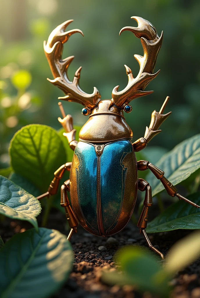 Prompt : The Thai robot Stag beetle glass beautiful art golden and blue color, full body, reflecting sunlight. Living among the lush leaf litter, cinematic 3D quality, Super realistic HD ultra movie 16k, realistic.