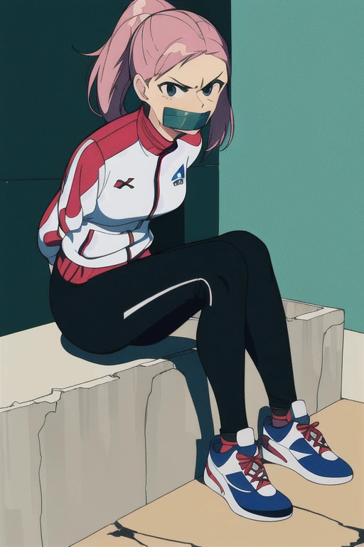 ((1 girl)), (sexy),  ((simple_background)), ((concrete floor, concrete wall)), ((underground room)), ((arms behind back)), ((scowl)), ((sitting on the knees)), ((tape gag)),  ((helpless)), ((calm)), ((struggling)), (blue tracksuit,tracksuit,tights pants, long black pants)