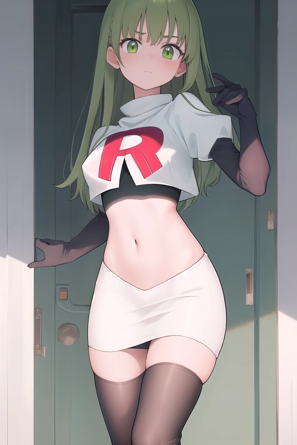 masterpiece, best quality, 1girl, solo, looking at viewer, blush, sitri, green eyes,green hair,team rocket,team rocket uniform,white skirt,red letter R,crop top,black thigh-highs,black elbow gloves