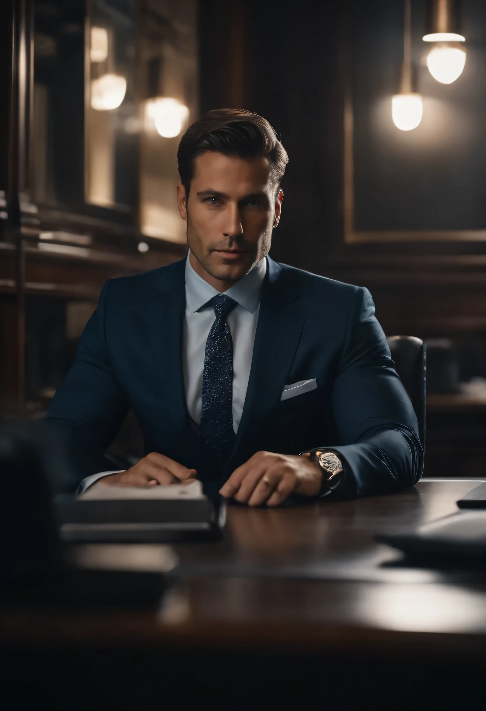 Portrait of a businessman in New York sitting behind his desk in a suit, this man must be handsome and elegant, the image must be sharp and clear and in 8k and behind it you need to see New York
