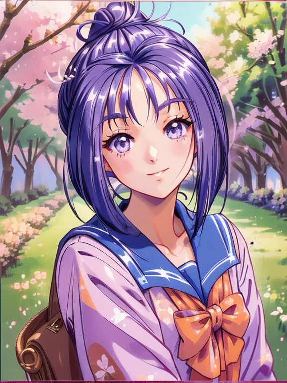 ((masterpiece)),((Ayako Katagiri)),((Katagiri Ayako)),((Mischievous Smile)),Anatomically perfect fingers,(((Cherry blossom trees))),(((Cafe Terrace))),(((Spring high school uniform))),Cherry tree in full bloom