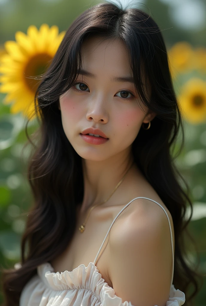 (((Full body image of a woman))),(Model shooting style), (shy), 1 girl, Lonely, Shiny black hair、 Extremely rich facial detail, Beautiful Eyes, [Chubby], cute, Slightly red cheeks，bright, Lonely Eyes, Stunning beauty, (Rembrandt Lighting), ARRI Lenses, Surreal, (Skin with attention to detail:1.2),4K,ARRI ALEXA LF,Promise, Dramatic Rim Light,Sparkle Effect, high quality,Very delicate and beautiful, wonderful, In detail, masterpiece, Very detailed, High resolution,Best Shot, Best Shadow,Complex,Sharp focus, high quality, 1 Japan woman, alone.cute,Fuka Koshiba,Yuki Sakurai, botanical garden, Woman looking at flowers, Flowers are blooming everywhere, Lens flare,No sleeve,Beautiful breasts,Swallowtail butterfly,A butterfly flutters,Cool eyes,Glossy Lips,An ennui smile,Glowing Skin,Transparent skin,From above,Open your arms,Waistline,Beautiful nipples