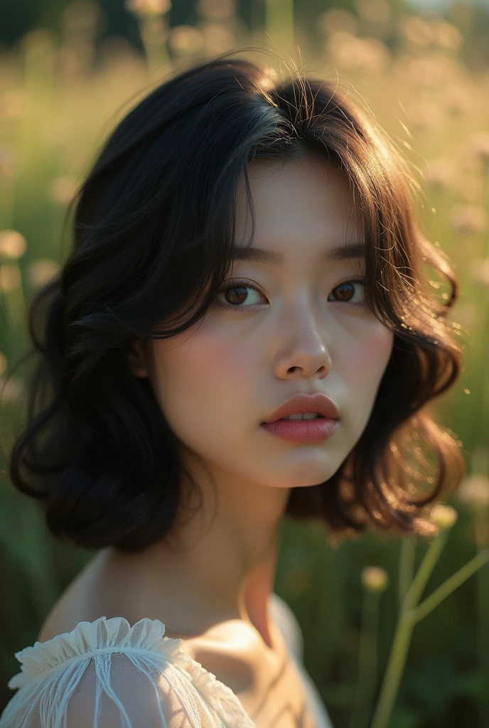 (((Full body image of a woman))),(Model shooting style), (shy), 1 girl, Lonely, Shiny black hair、 Extremely rich facial detail, Beautiful Eyes, [Chubby], cute, Slightly red cheeks，bright, Lonely Eyes, Stunning beauty, (Rembrandt Lighting), ARRI Lenses, Surreal, (Skin with attention to detail:1.2),4K,ARRI ALEXA LF,Promise, Dramatic Rim Light,Sparkle Effect, high quality,Very delicate and beautiful, wonderful, In detail, masterpiece, Very detailed, High resolution,Best Shot, Best Shadow,Complex,Sharp focus, high quality, 1 Japan woman, alone.cute,Fuka Koshiba,Yuki Sakurai, botanical garden, Woman looking at flowers, Flowers are blooming everywhere, Lens flare,No sleeve,Beautiful breasts,Swallowtail butterfly,A butterfly flutters,Cool eyes,Glossy Lips,An ennui smile,Glowing Skin,Transparent skin,From above,Open your arms,Waistline,Beautiful nipples