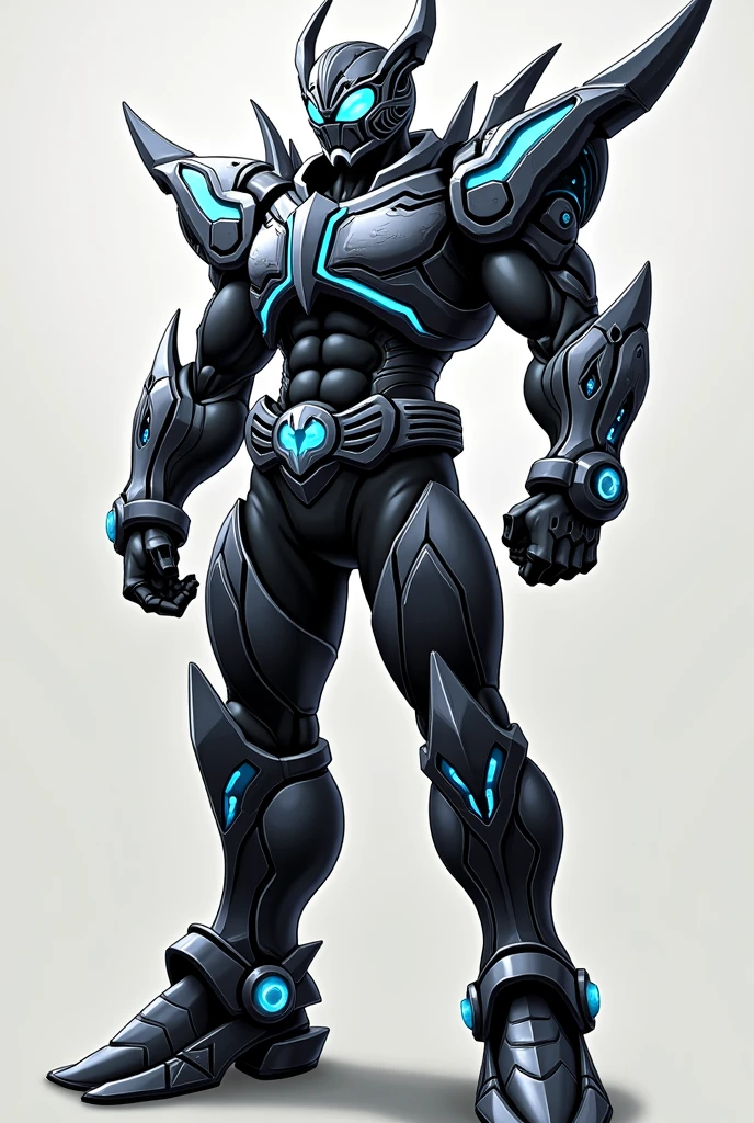 Monster design

biological design

terrifying design

ominous design

Overall Silhouette: The body type is muscular yet slim, typical of Kamen Rider designs. The design emphasizes mobility while conveying a sense of strength, with flowing lines that highlight the body’s movement, balancing agility and power.

Main Colors: The primary colors are black, white, and blue, which are cleverly arranged. Blue serves as the base color, with white and black as accents. These colors follow the body’s contours, with blue lines particularly on the chest, arms, and legs, and white details on the helmet and belt.

Helmet: The helmet is the iconic part of the Kamen Rider look, complex yet instilling a sense of heroic dignity. It features a black base with sharp blue compound eyes. The head has white lines flowing down the center, incorporating futuristic mechanical elements throughout the design.

Armor: Armor pieces cover the chest, shoulders, arms, and legs. The chest armor features a signature "V" shape, characteristic of Kamen Rider, with blue and white lines radiating outward. The armor's surface has intricate mechanical patterns, yet it remains smooth overall, exuding strength.

Umanize Driver:

Design: The Umanize Driver stands out as a unique transformation belt in the Kamen Rider series. It features a purple and white color palette, with a large circular slot in the center where the Golbo is inserted. The belt itself is black with purple and white mechanical details running along it, lighting up when worn.

Golbo: The circular transformation item, "Golbo," plays a key role in Kamen Rider transformations. It has a glossy black and purple finish, with a glowing blue center. When set into the Umanize Driver, the entire belt illuminates, initiating the transformation into Kamen Naizer Uma.

Additional Elements:
Finishing Move: The Umanize Driver's finishing move is executed by setting the Golbo into the belt, charging energy, and then releasing it. Blue energy envelops the ent