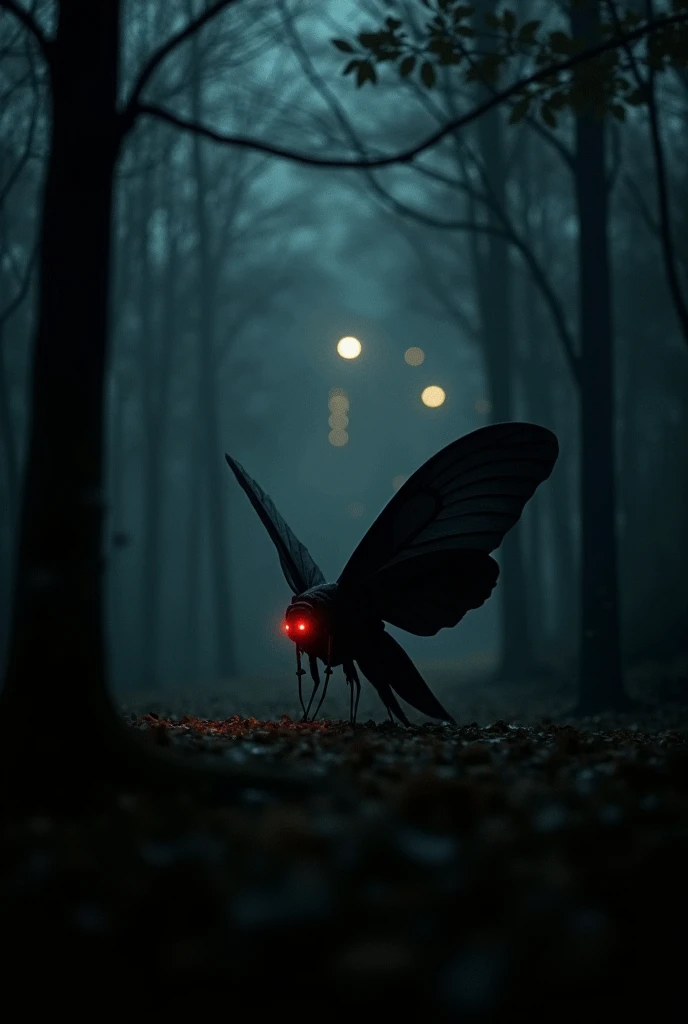 A nighttime image that looks like it was taken with a low-quality cellphone camera. The scene is dark, grainy, and somewhat pixelated, capturing a distant and mysterious figure of the Mothman in a dense forest. He is quite far away, crouched on all fours, focused on something on the ground, as if investigating or hunting. His glowing red eyes stand out in the darkness, with no horns and a short, almost nonexistent neck, enhancing his anomalous appearance. The wings are large, but their shape is hard to discern due to the poor quality of the image. In the background, among the trees, the blurred outlines of buildings are visible, suggesting a nearby urban area. The image, poorly lit and full of noise, evokes a sense of unease and mystery, as if the figure is on the verge of vanishing into the darkness.