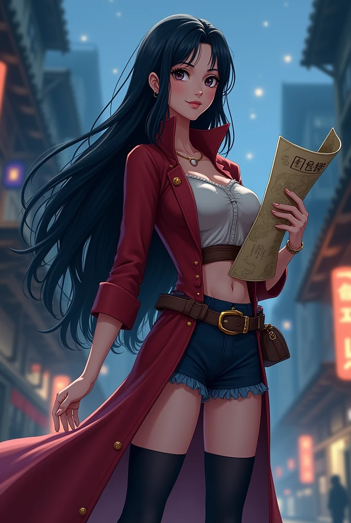 (cartoon-like) (Woman) nico robin (Oce Piece) long black hair, Wearing a Traveler outfit, standing giving a rolled up map, legs and five fingers, more meat, beautiful two-dimensional, HD backlit background , nightfall,가슴,jiangshi, Qing_Guanmao