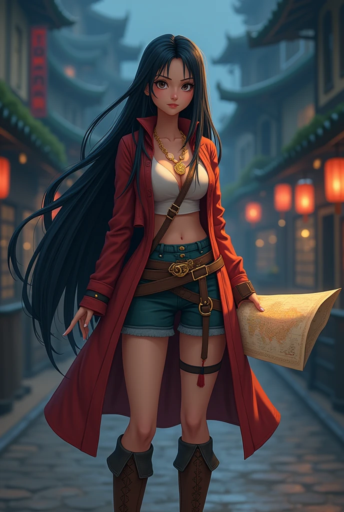 (cartoon-like) (Woman) nico robin (Oce Piece) long black hair, Wearing a Traveler outfit, standing giving a rolled up map, legs and five fingers, more meat, beautiful two-dimensional, HD backlit background , nightfall,가슴,jiangshi, Qing_Guanmao