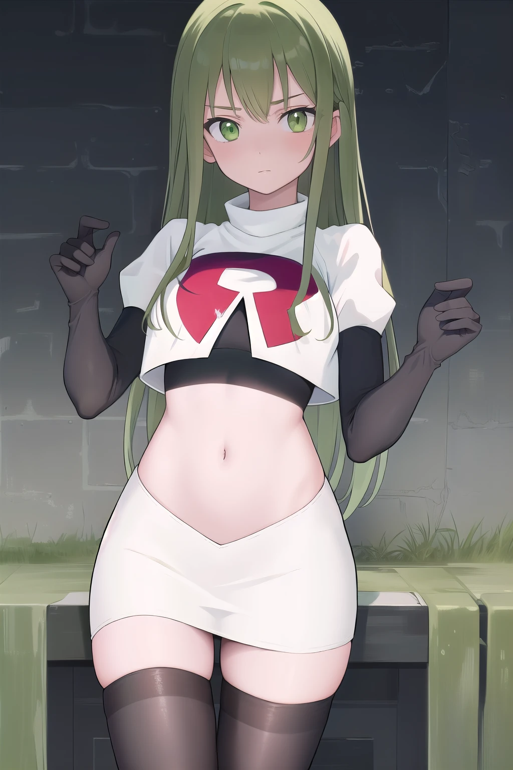 masterpiece, best quality, 1girl, solo, looking at viewer, blush, sitri, green eyes,green hair,team rocket,team rocket uniform,white skirt,red letter R,crop top,black thigh-highs,black elbow gloves