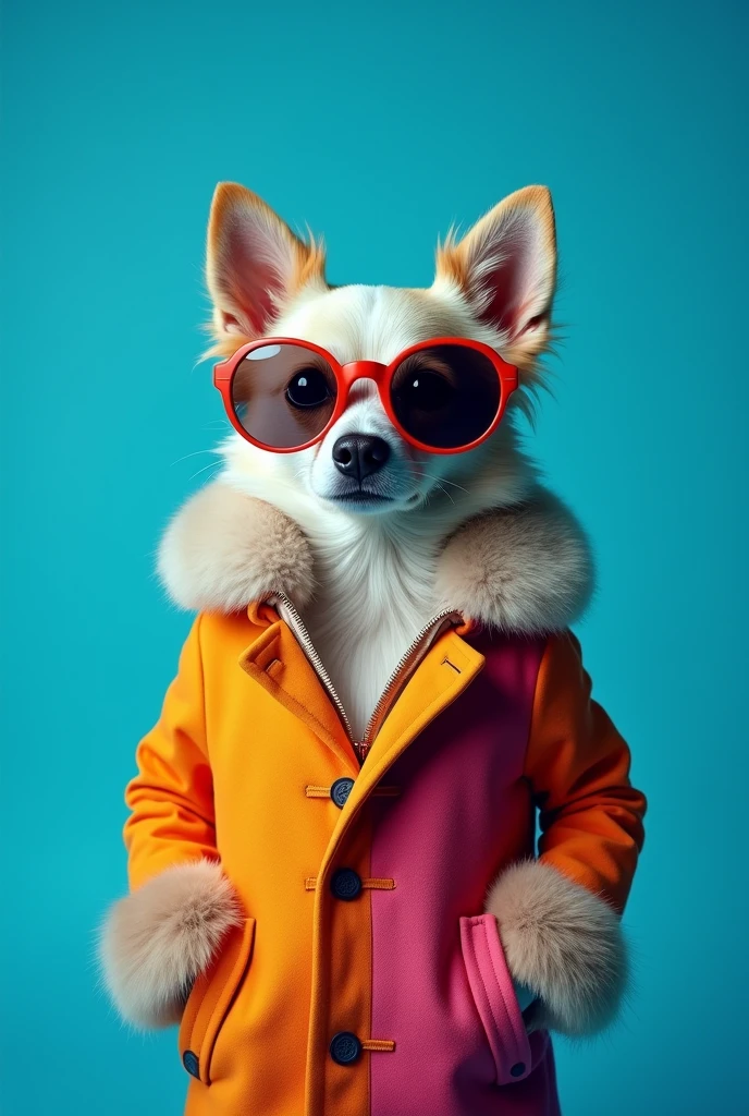 The best cell phone wallpaper, Award-Winning Wallpaper, portrait photography, In the front view is a portrait of a cute dog wearing mid-1960s space age fashion, Side view photo, Shot with Canon EOS R5, Set a strong contrast that accentuates the subject, Fluorescent blue tone, Wearing a very modern coat and sunglasses is a modern 1960s style, Clothes all in one color, beautiful background