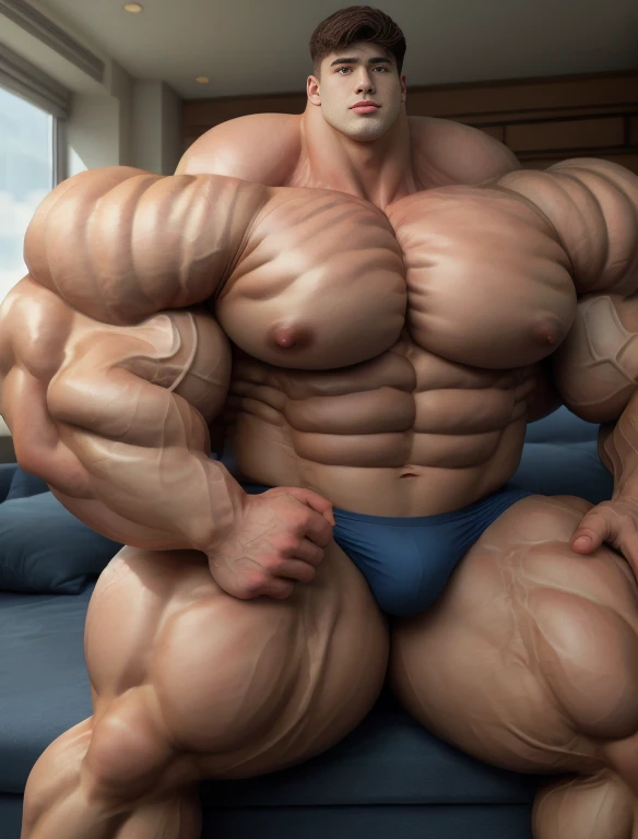 1boy, giant, asian, giant bodybuilder, warm light, strong body, bulk, large size, staring, sitting on couch in the plush dorm room, open legs, nude, navy triangular underwear, prominent bulge, extraordinary big, brutalmass, giant, muscular body, bulk, buff, massive body, large meaty body size, extremely wide body