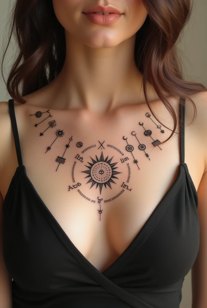 Fais moi un tatouage petit qui sera sur la poitrine avec les infos de mon thème astral suivant : Soleil en Capricorne, Lune en Sagittaire, Mercure en Capricorne, Vénus en Sagittaire
Mars en Balance, Jupiter en Capricorne, Saturne en Bélier, Uranus en Verseau, Neptune en Capricorne, Pluton en Sagittaire, Chiron en Scorpion, Noeud Nord en Balance et Lilith en Lion