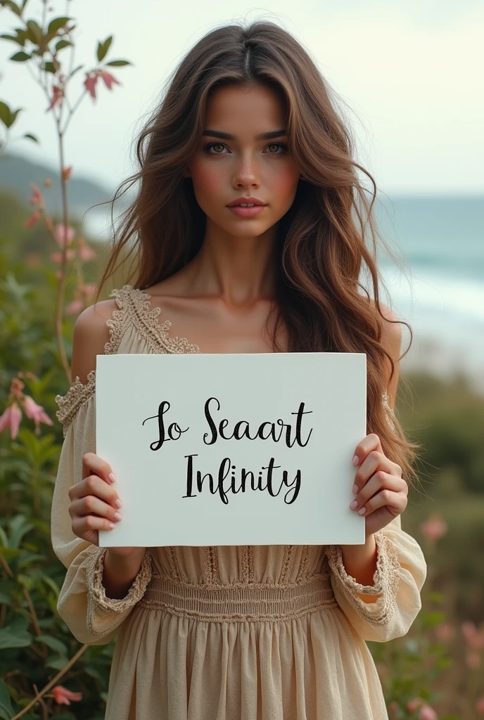 Beautiful girl with wavy long hair, bohemian dress, holding a white board with text "I Love Seaart Infinity" and showing it to the viewer