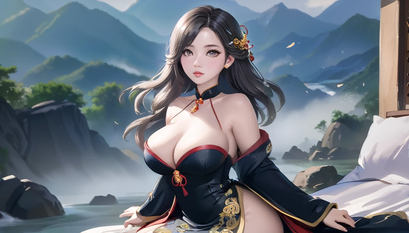 high quality,HD,16K,Sharp Line,1 Girl,fantasy, （Fire Spirits）,Pretty Face, Large Breasts, Beautiful legs,In the mountains,Focus Girl,detailed Pretty Face,Detailed clothes,beautiful eyes,Cool,Sexy,Dynamic Angle,穿着华服的神明Strike a pose拍照, Ancient mysterious sexy goddess, Traditional beauty woman, Beautiful female warrior god of war , Beautiful sexy goddess, Gorgeous role-playing, high, Beautiful young girl, Beautiful woman, 华丽Beautiful woman, Complex clothing,Chinese Mystical Aesthetics, Beautiful Asian ancient mysterious girl, Extremely detailed shot of the goddess, Jaw-dropping sexy beauty, Big breasts deep neckline sexy belly button（butt), (bedroom), (Sexy Girls), masterpiece, best quality, Bangs, blush, Chest, clavicle, Eyebrows visible through hair, (Gradient red and gold hair), Jewelry, Long hair,Bright Eyes, ring, (solitary), illustration, fashionable, miss, Strike a pose, background, element, confident, Express, Accessories, majestic, striking, key point, Dynamic poses, ((plump)), (black))Woman in transparent dress,Viewer,(((Full breasts, Keeley University))),Slim waist,(Navel exposed,Bare waist), Long hair, extreme detailed details, 详细的fantasy艺术, Stunning character art, Beautiful and exquisite character art, Beautiful transparent dress, Very detailed, Large Breasts，Chest，Golden ratio figure，Beautiful figure，Ultra wide-angle shooting，Full body shot拍摄，Body close-up，Full body shot，Wearing a pleated tulle skirt，柔和动漫illustration, 柔和的深色background，Fujifilm XT3 Clear focus, f 5.6, High Detail, Clear focus,(Wearing openwork clothing),, (Natural light), (Tempting)translucent, Good velvet quality, Compared, Divine Light,, Silver hair, 天空background, Absolute Strength,Female Shinmei，穿着性感丝绸的Female Shinmei,，Large Breasts，Chest，Golden ratio figure，Beautiful figure，Ultra wide-angle shooting，Full body shot，Body close-up，Full body shot， Wearing a tulle dress, Model shooting style, Large Breasts，饱满Chest，Golden ratio figure，Beautiful figure，(Extremely detailed CG 8k wallpaper unit), The most beautiful artistic photos in the world, , 8K 超HD, ) on the beach，Sexy lazy posture，Sexy seductive expression，best quality,masterpiece,Ultra-high resolution,(Practical:1.4),original photo,Ultra-high resolution