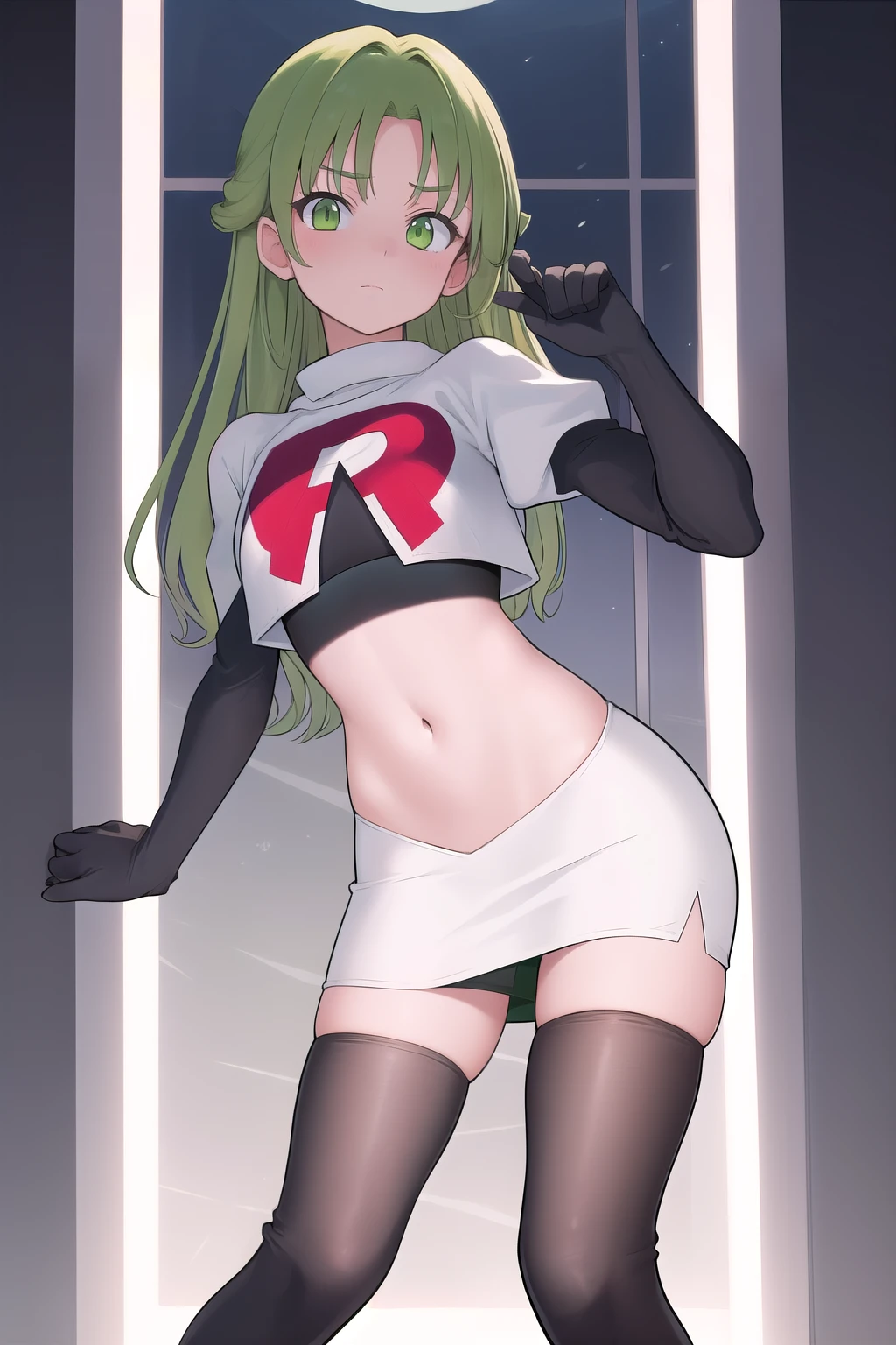 masterpiece, best quality, 1girl, solo, looking at viewer, blush, sitri, green eyes,green hair,team rocket,team rocket uniform,white skirt,red letter R,crop top,black thigh-highs,black elbow gloves