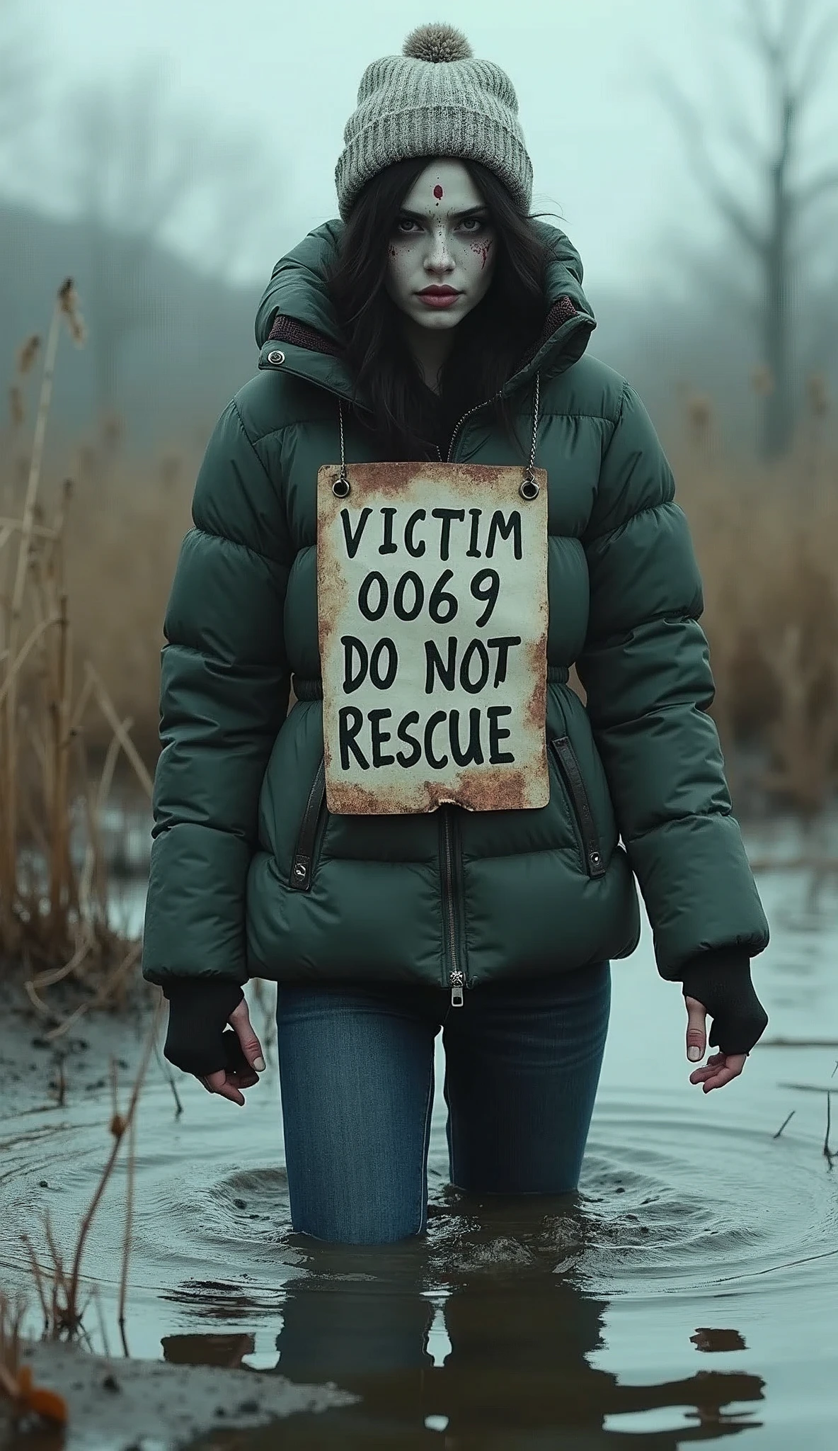woman,  small sport down jacket, bib "VICTIM 0069 DO NOT RESCUE", flared jeans, stuck in bog,pale ethnic patterns ritual makeup, warm hat, collar only, cold 