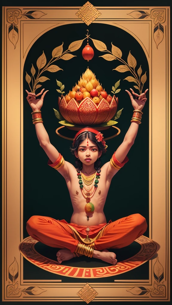 "An illustration of traditional Bengali literature or folklore that includes fruits, depicting characters enjoying fruits or using them in rituals and festivities."