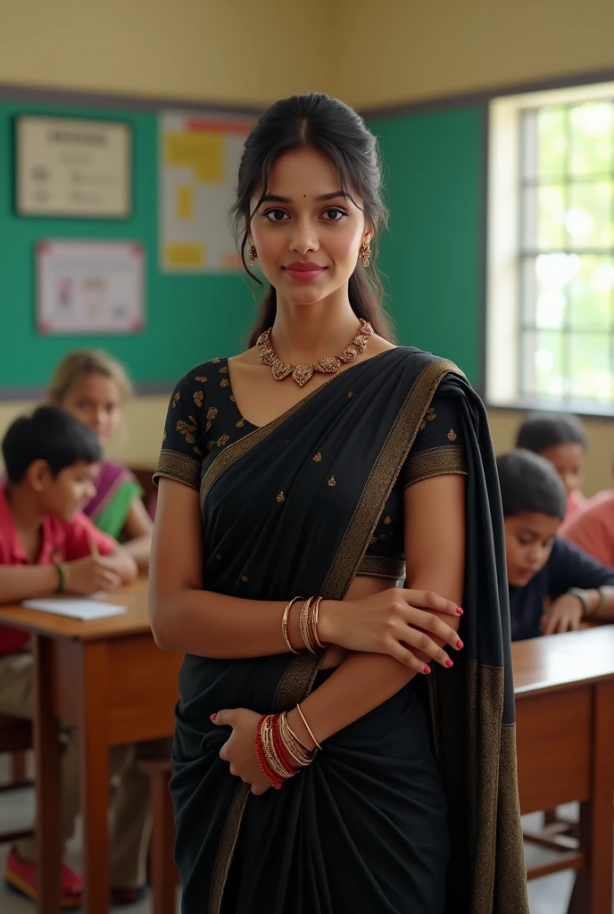 A hot woman who is wearing a thin saree is teaching in the boys' class , and bends to pick up a pen that has fallen on the ground , Then her sari pallu is removed and her then her floral bra and her become visible, and all the boys start looking at her floral bra And red starts dripping from the boys' mouths