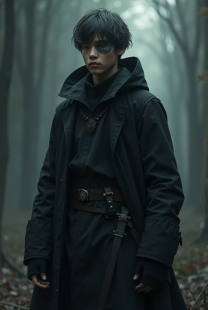 Young man, short black hair with some white hair, bandage covering the left evil eye, wearing black long sleeve shirt, black pants, black gloves, black long hooded coat, Sword hanging on left hip, right side pocket.